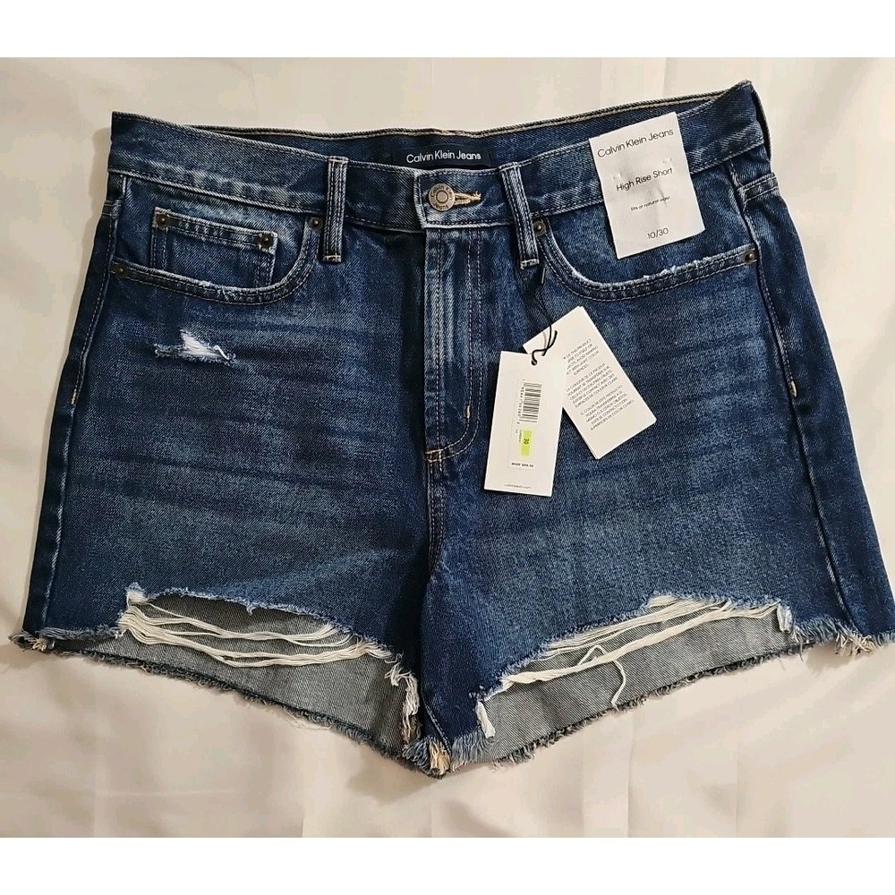 NEW Calvin Klein Jean Shorts High Rise Cutoff Distressed‎ Denim Size 10